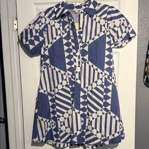 JODIFL Blue and White Geometric Shirt Dress